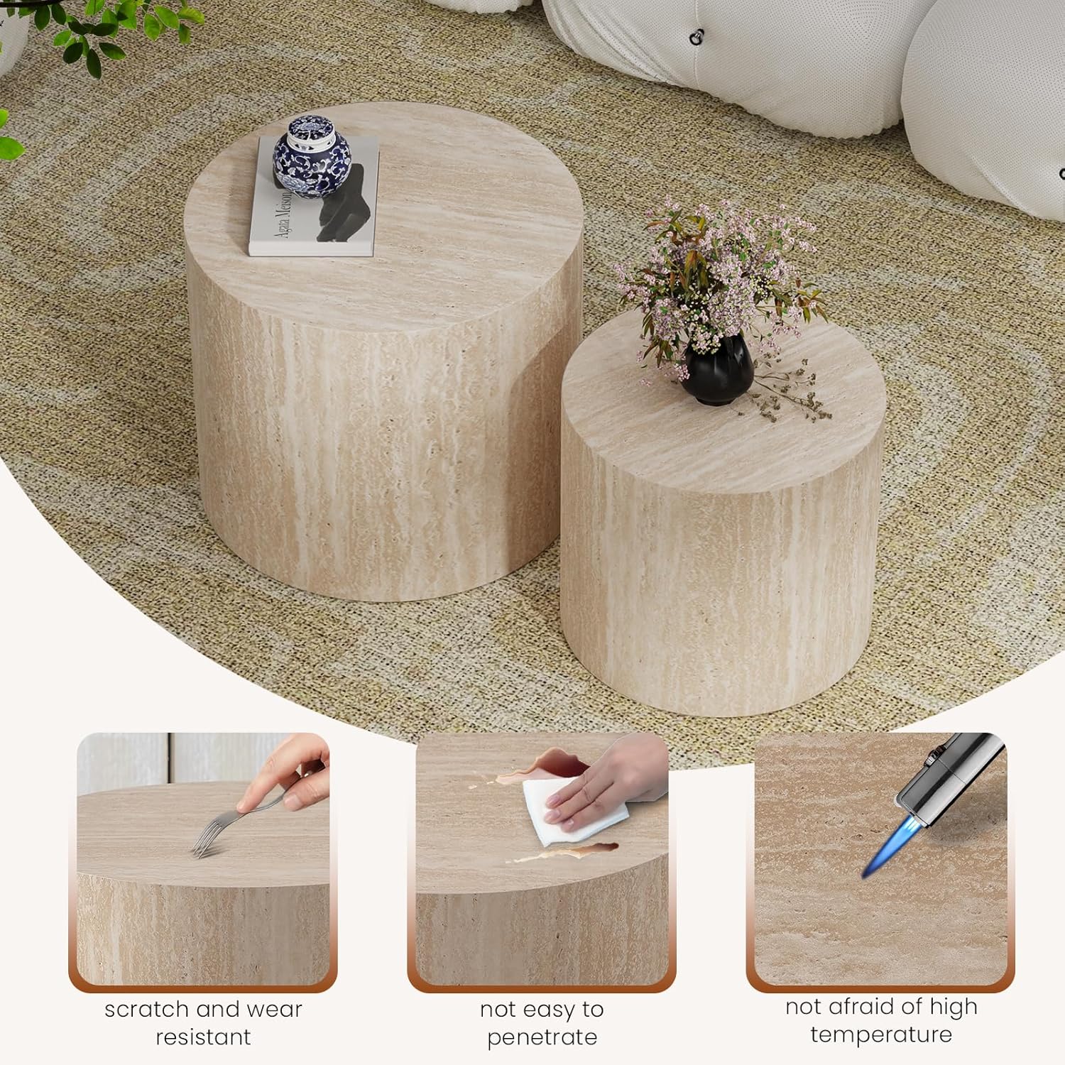 Travertine Round Nesting Coffee Tables 2 Piece Set - Contemporary Design, Round Drum Nesting Side