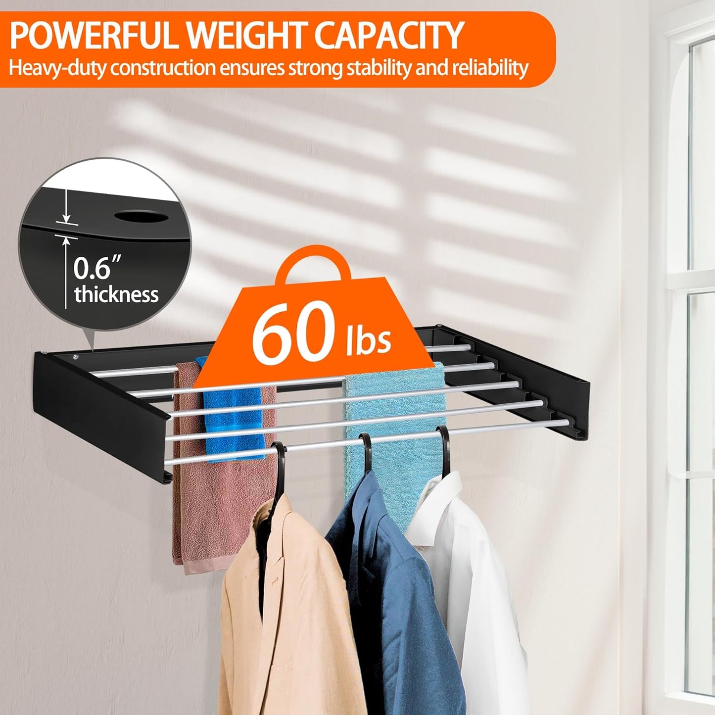 FOCHIER F Laundry Drying Rack Wall Mounted Clothes Drying Rack Collapsible with 5 Aluminum Rods and