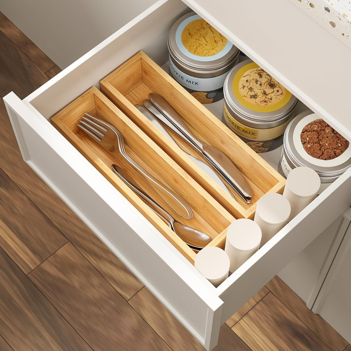 BAMEOS Kitchen Drawer Organizer,Small Silverware Drawer Organizer,Bamboo Utensil Organizer for