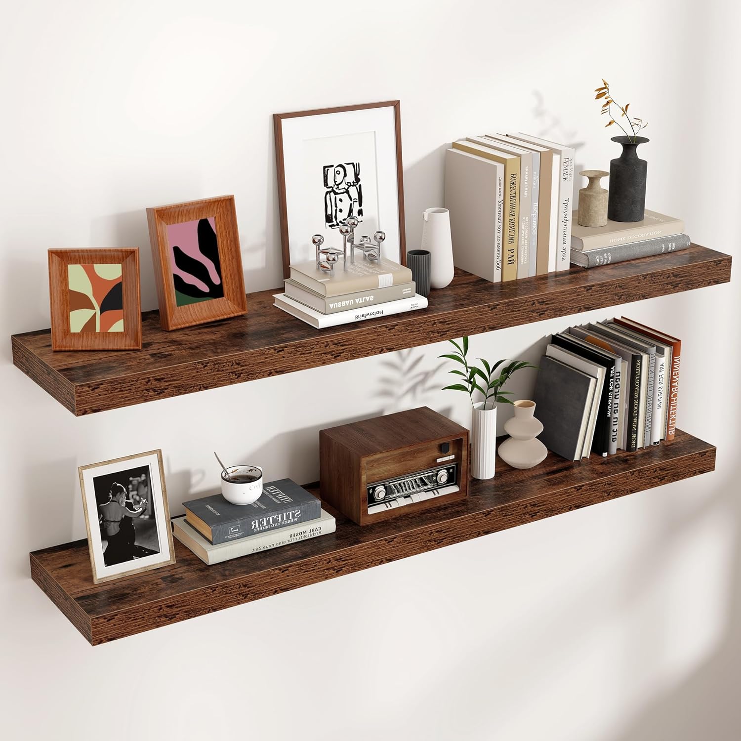 Floating Shelves - 2 Large Wall Mounted Shelves with Invisible Brackets, Long Wood Floating Wall