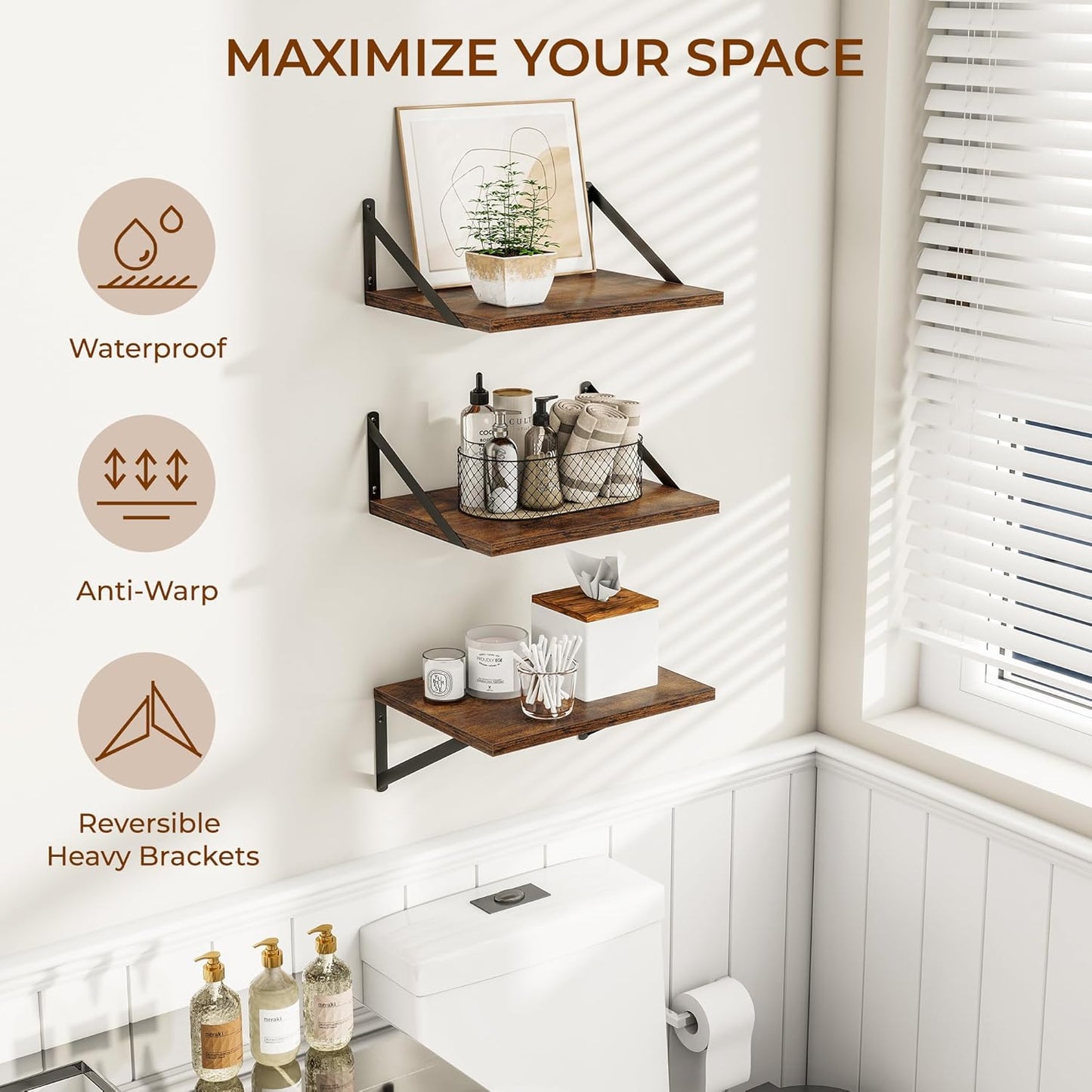 Heimlove Deep Floating Shelves for Wall, 12 Inch Deep Floating Shelves Set of 3, 16W x 12D Wood