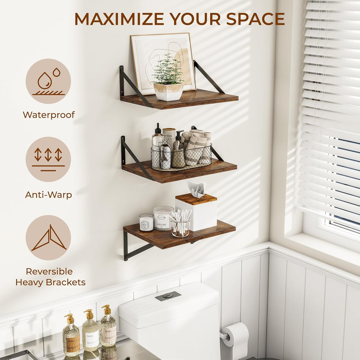 Heimlove Deep Floating Shelves for Wall, 12 Inch Deep Floating Shelves Set of 3, 16W x 12D Wood