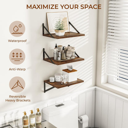 Heimlove Deep Floating Shelves for Wall, 12 Inch Deep Floating Shelves Set of 3, 16W x 12D Wood