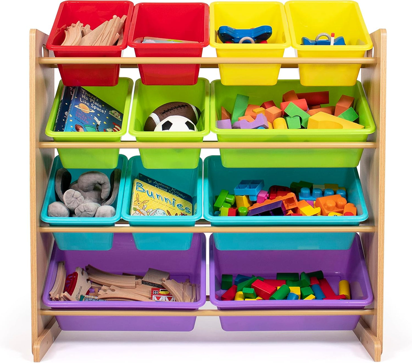 Humble Crew Kids Toy Storage Organizer with 12 Plastic Bins, Natural Wood/Rainbow – Removable Bins