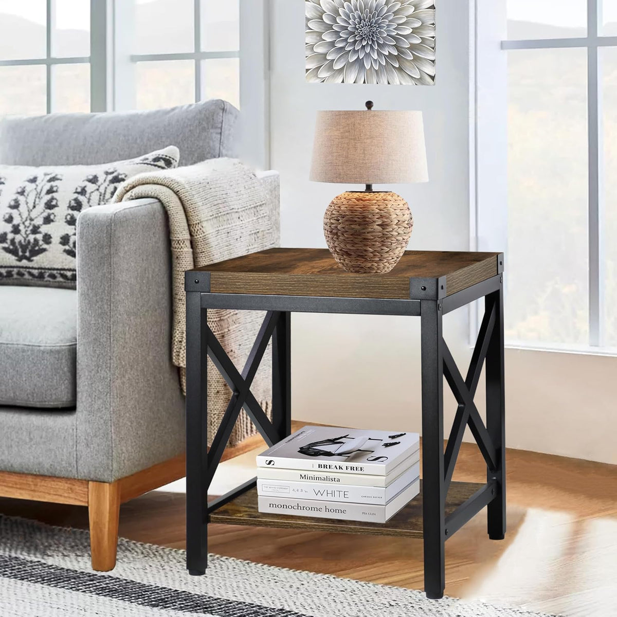 End Table Large Side Table for Living Room, Rustic Farmhouse End Tables with 2-Tier Storage, Square