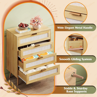 WLIVE Rattan Dresser for Bedroom, 4 Drawer Wood Boho Dresser Storage with Gold Metal Handle, Chest