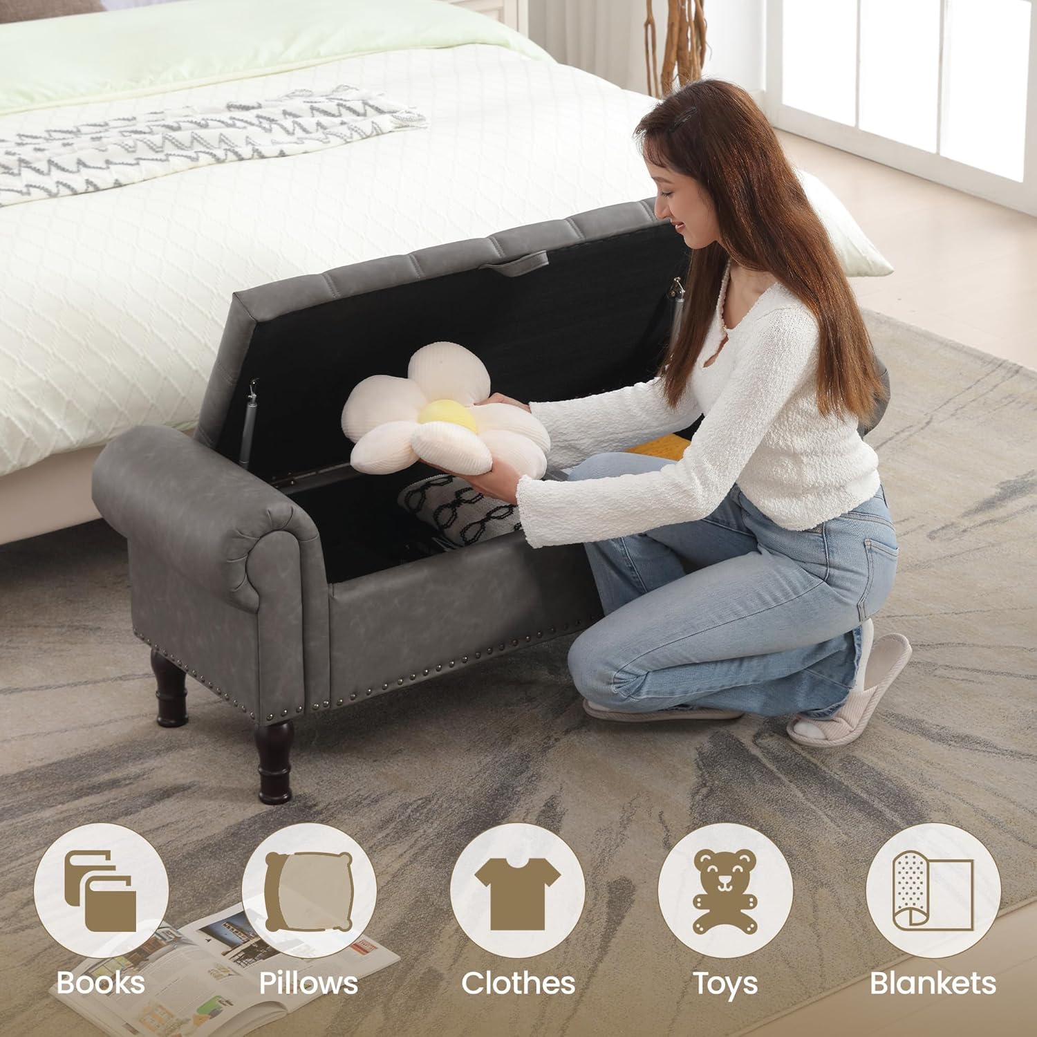 Storage Bench for Bedroom, 51" Full Queen Storage Bench, Upholstered Bedroom Bench with Rolled Arms