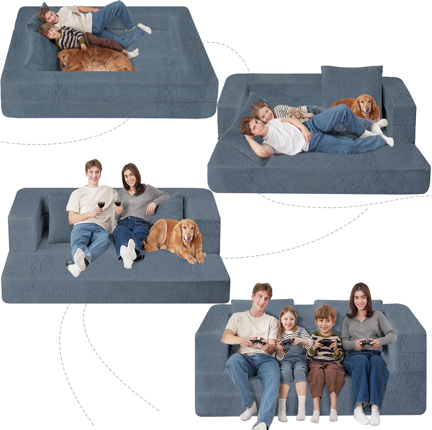 Folding Bean Bag Chair for Adults,3-in-1 Bean Bag Couch Faux Fur Floor Sofa Large Beanbag