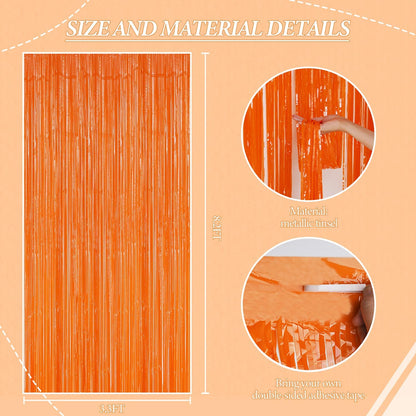 3 Pack Foil Fringe Backdrop - Orange Shiny Tinsel Curtains for Party Decoration/Photo Booth Props