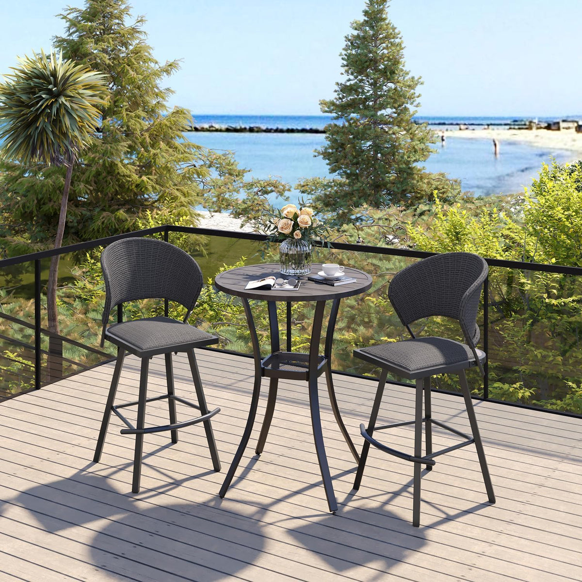 VICLLAX Patio Bar Stool Chairs with Footrests and Padded Seat, Bar Height Swivel Patio Chairs Set
