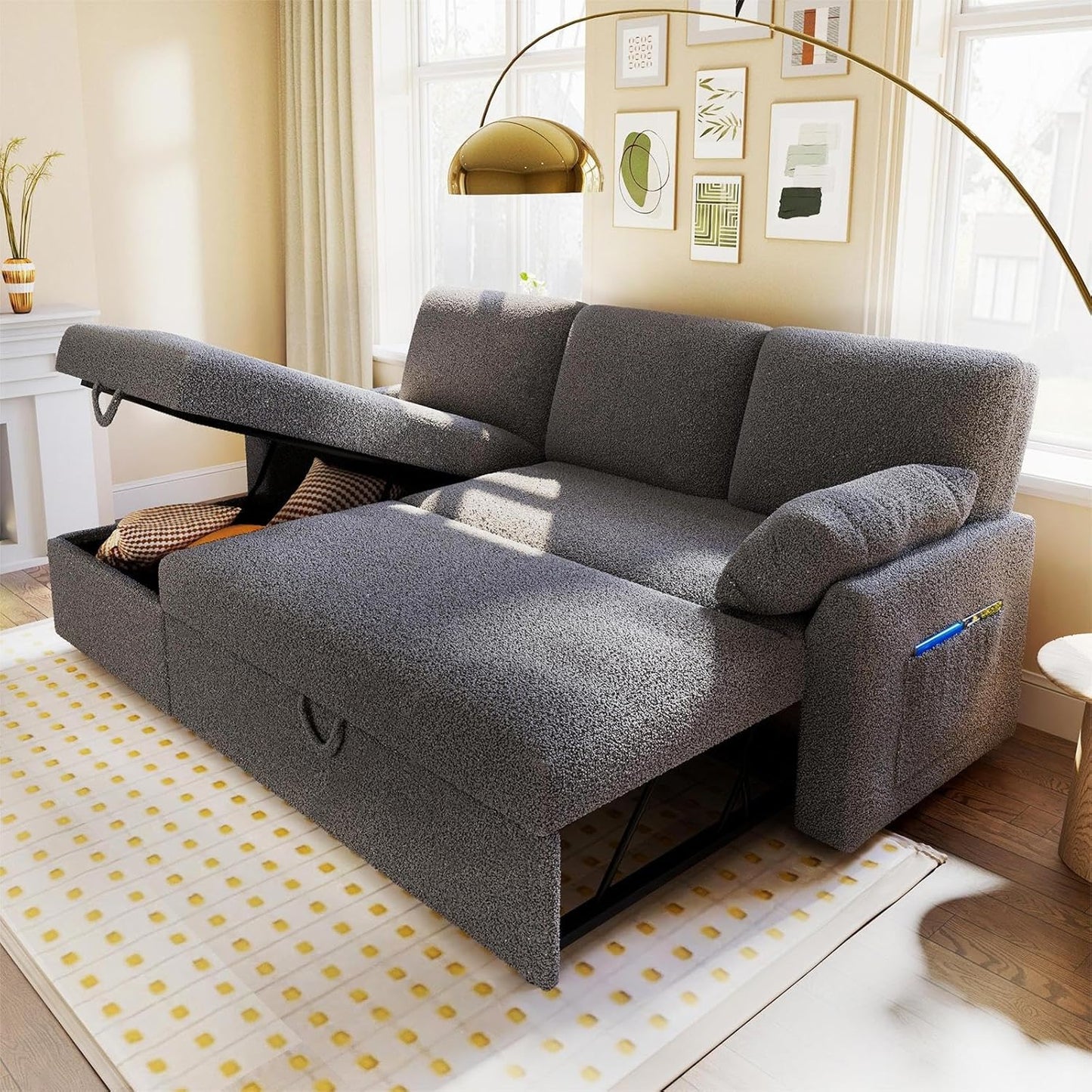 VanAcc Sofa Bed, Sleeper Sofa with Storage Chaise- 2 in 1 Pull Out Couch Living Room, Comfy Sleeper
