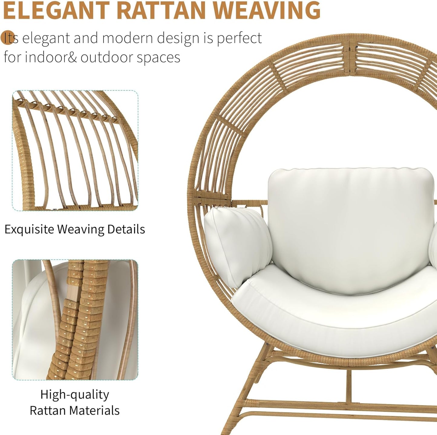 Egg Chair Outdoor Indoor, Oversized Rattan Chair with Thicken Cushion, 350LBS Capacity Wicker Patio