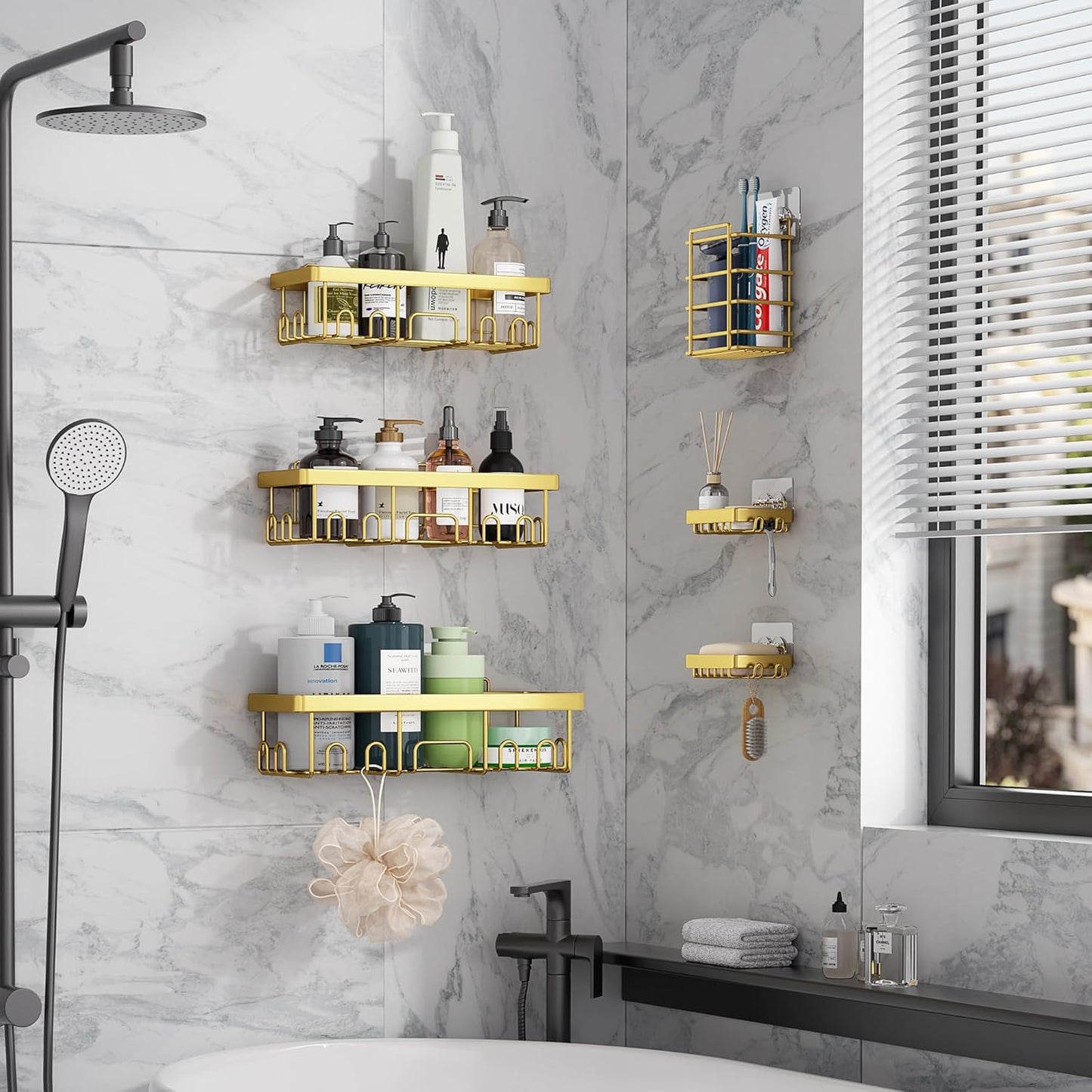 Veken Adhesive Shower Caddy 6-Pack,Gifts for Women Mom,Heavy Weight Bearing,Large Wall Mounted