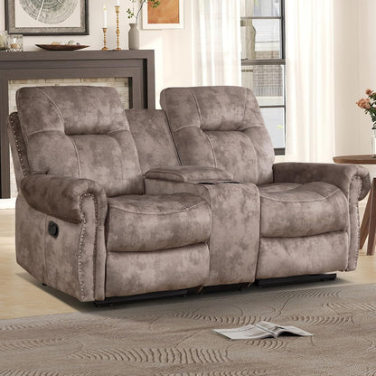 EBELLO Manual Recliner Loveseat Sofa, 2 Seater Reclining Couch Chair with Center Console, Hidden
