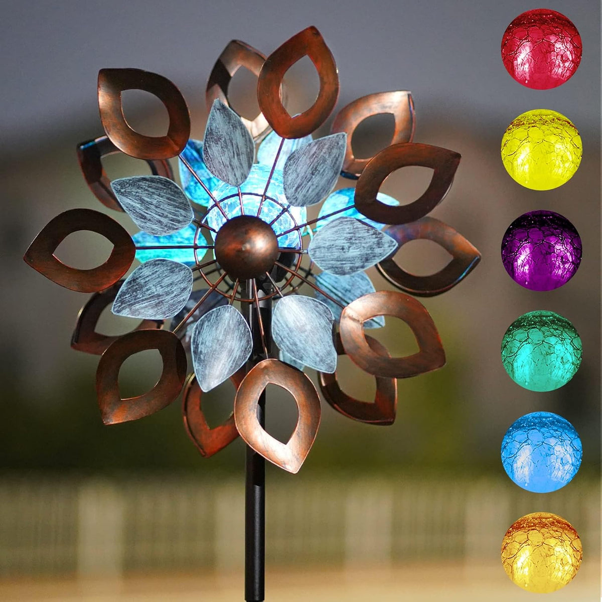 Copper Wind Spinners Outdoor 74 Inches with Solar LED Light, Kinetic Dual Wind Sculptures &