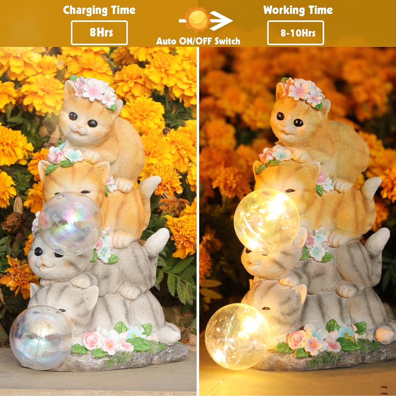 Solar Cat Garden Statue Resin Cat Statue Decor Outdoor with LED Lights for Outside Yard Art Lawn