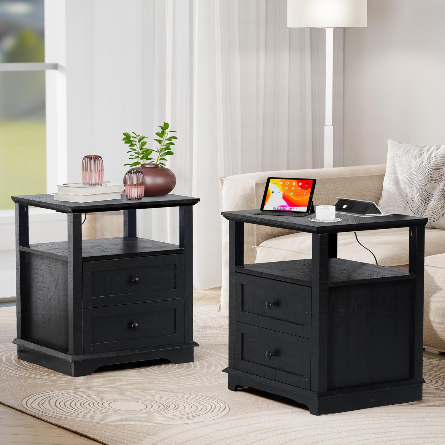 HIFYOBRO Large End Table Set of 2, 2 Drawers and Charging Station, Type-C & USB Port & Power