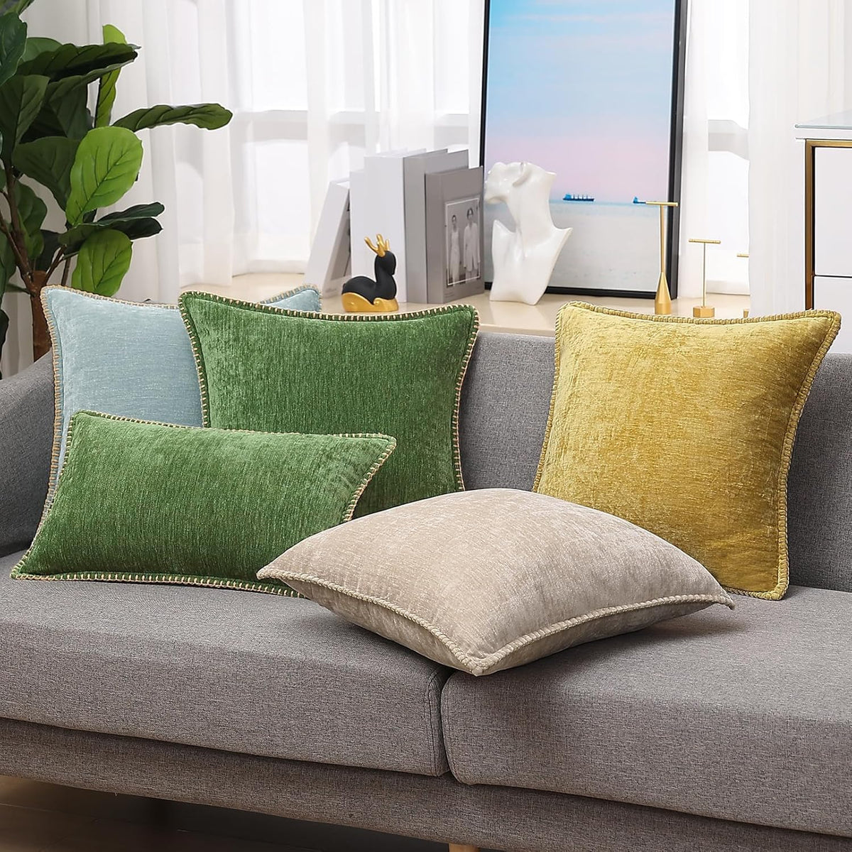 decorUhome Fall Chenille Soft Throw Pillow Covers 12x20 Set of 2, Lumbar Velvet Farmhouse Neutral