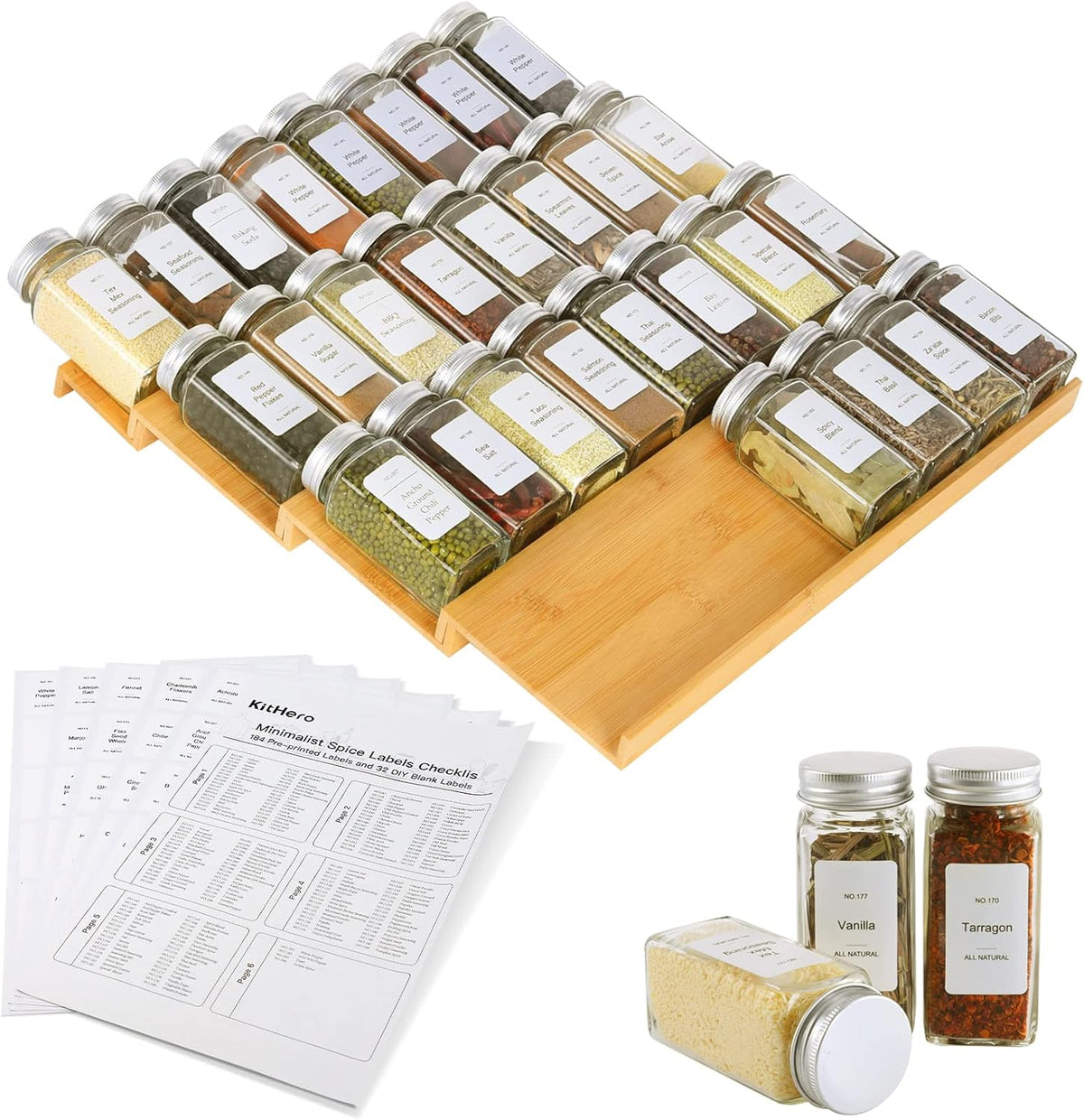 Spice Drawer Organizer with 28 Spice Jars,216 Labels,25 Non-slip Rubber, Bamboo 4 Tier Seasoning