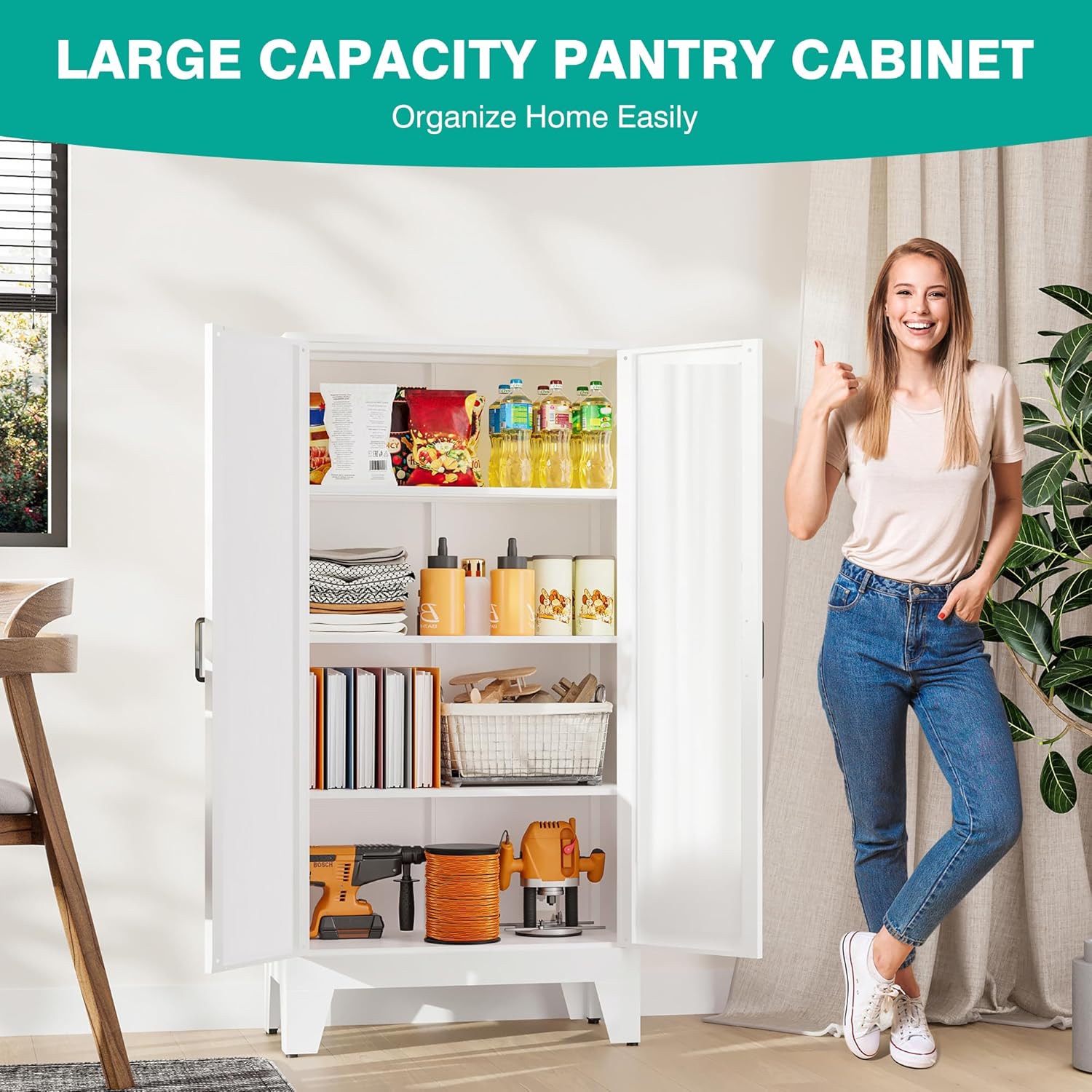 SISESOL Metal Storage Cabinet with 2 Doors and 3 Shelves,White Pantry Storage Cabinet with