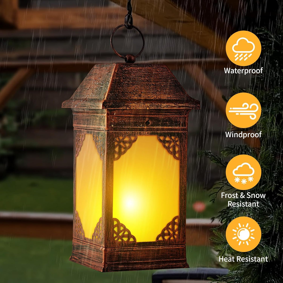 14" Solar Lanterns Outdoor Waterproof, Glass Flickering Flame Solar Lantern, Hanging Metal Lantern