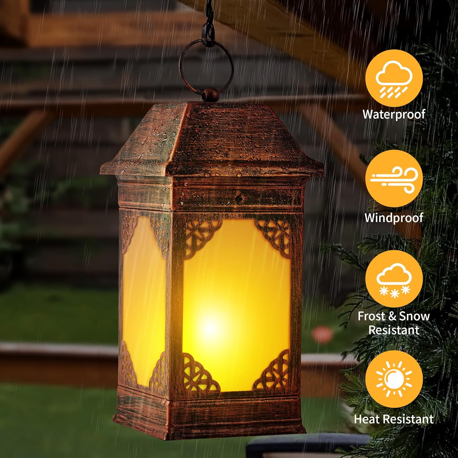 14" Solar Lanterns Outdoor Waterproof, Glass Flickering Flame Solar Lantern, Hanging Metal Lantern