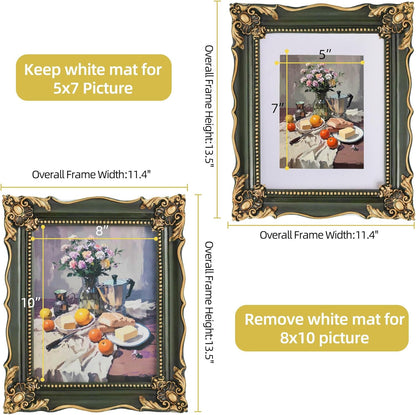 8x10 Vintage Picture Frame with Embossed Flower Design, Green Ornate Frame for 8x10 or 5x7 Pictures