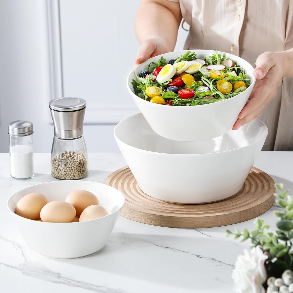 MALACASA Serving Bowls, Ceramic Mixing Bowls for Kitchen, 105/60/35 OZ White Bowls Set of 3