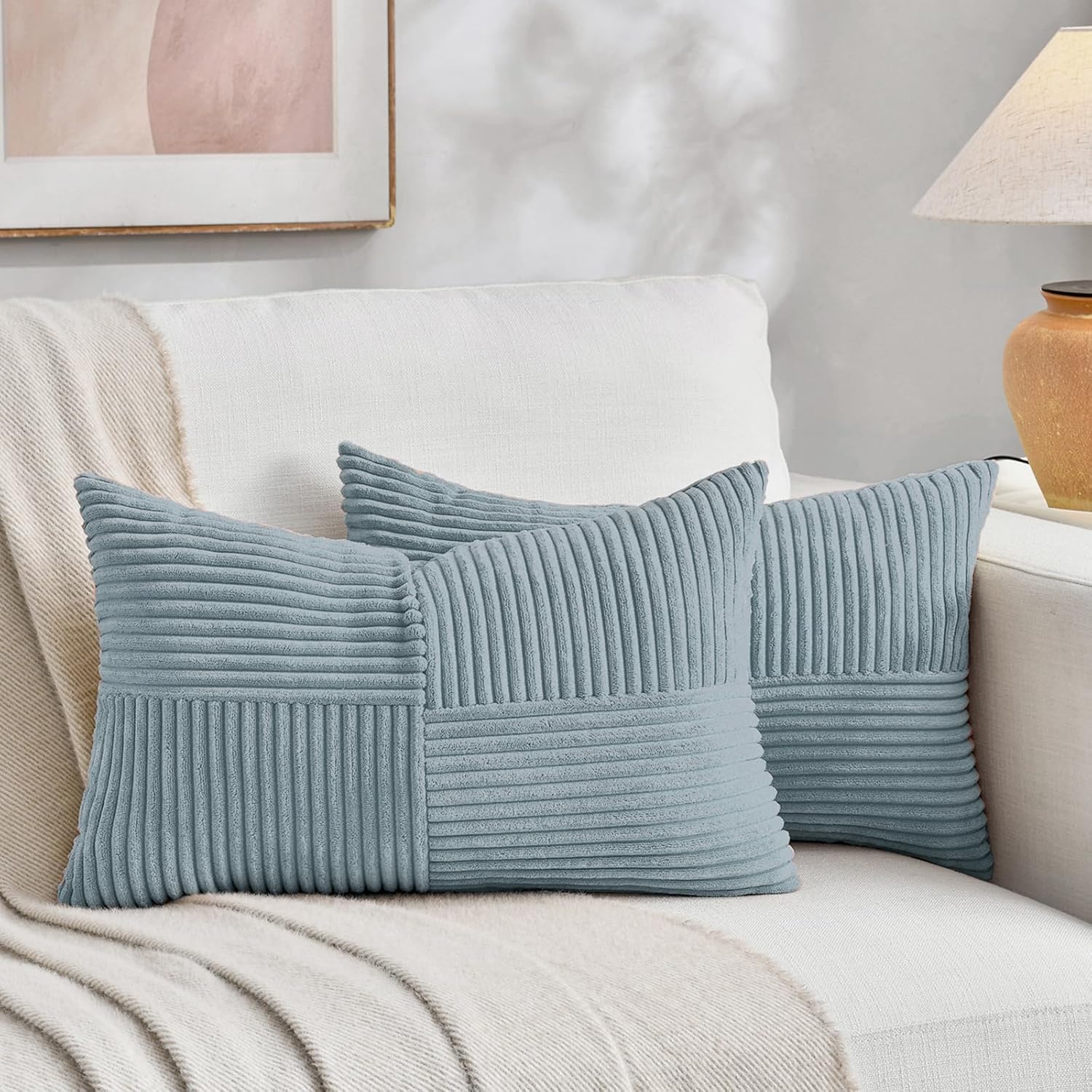 Fancy Homi Set of 2 Light Blue Lumbar Decorative Throw Pillow Covers 12x20 Inch for Living Room