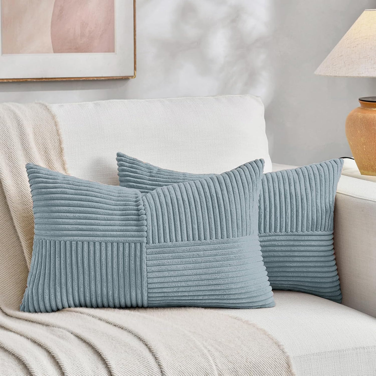 Fancy Homi Set of 2 Light Blue Long Lumbar Decorative Throw Pillow Covers 12x24 Inch for Couch Bed