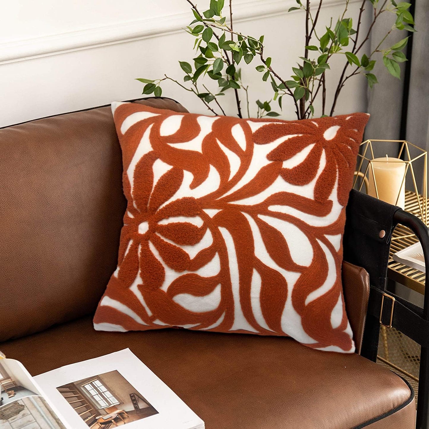 Alysheer Farmhouse Floral Leaves Embroidered Decorative Throw Pillow Cover 18x18 inches, Boho