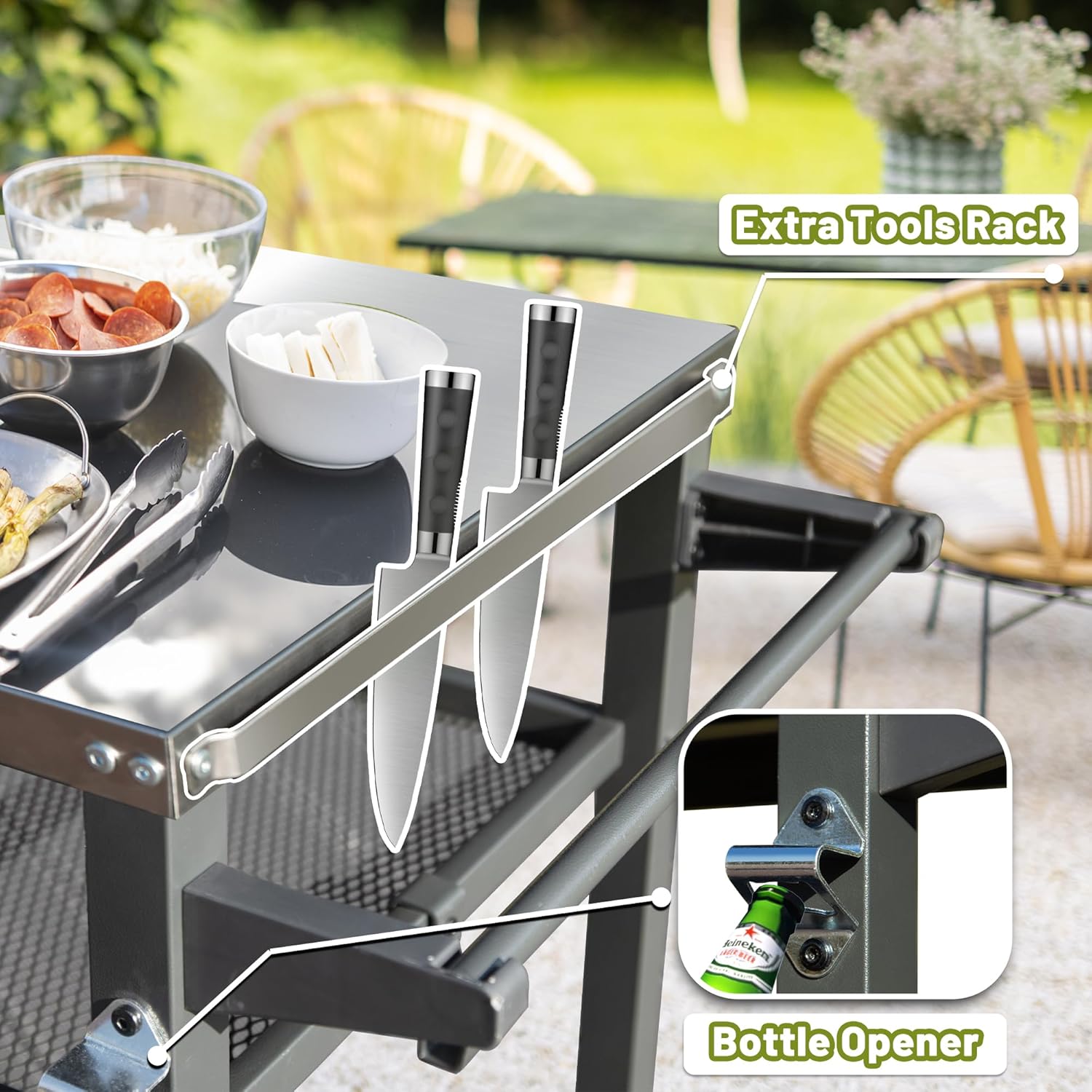 Domi 3-Shelf Outdoor Grill Table, Grill Cart with Wheels, Outdoor Pizza Oven and Food Prep Table