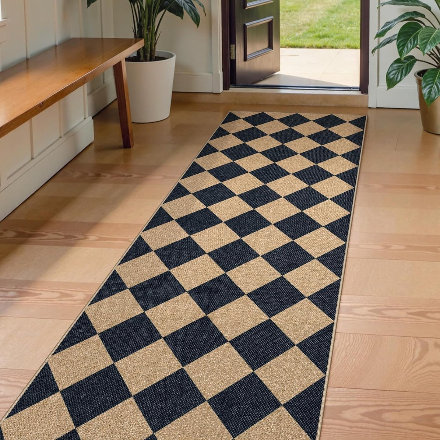 Lahome Checkered Easy Jute Runner Rug, 2x8 Hallway Kitchen Runner Rug Non Slip Washable Outdoor