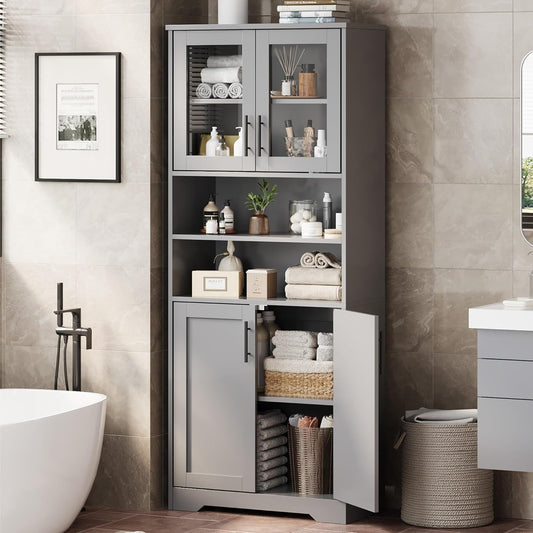 GarveeHome 67" Tall Storage Cabinet, Tall Bathroom Cabinet with Glass Doors and Adjustable Shelves