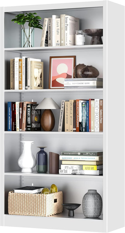 66" Tall Metal Bookcase, 5 Shelf White Bookcase with Adjustable Shelves, Large Bookshelves and