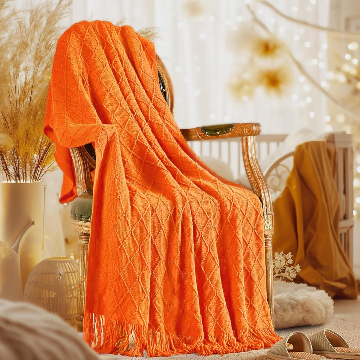 inhand Fall Throw Blanket Burnt Orange for Couch, Soft Living Room Home Decor Knitted Twin Size