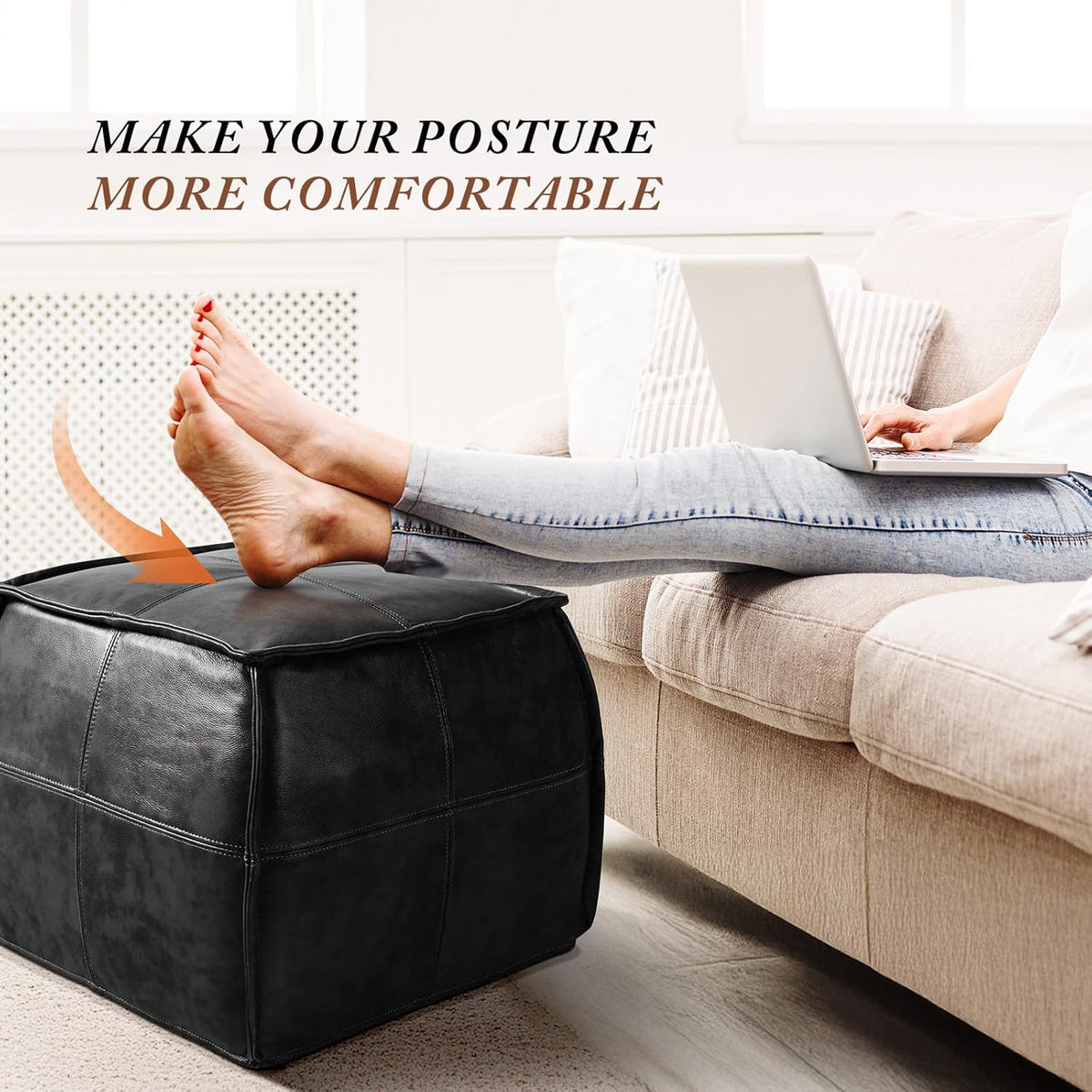 Leather Ottoman,Handmade Stuffed Square Ottoman,Genuine Leather Pouf, Foot Rest Pouf,Comfortable