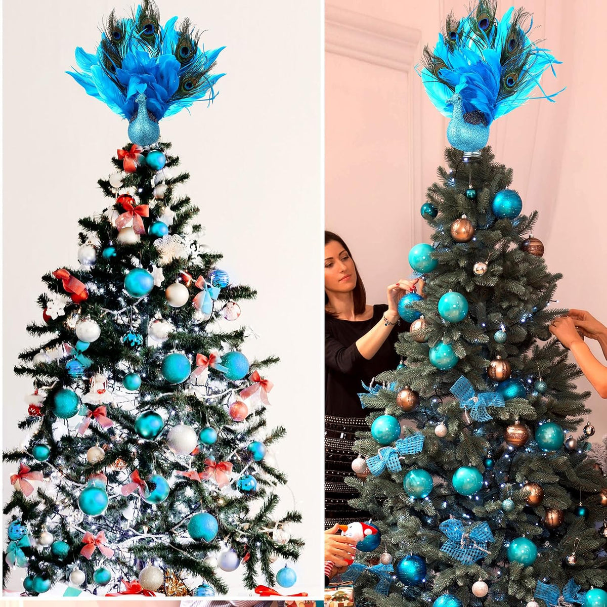 Retisee 15-Inch Christmas Peacock Tree Topper - Artificial Feather Glitter Blue Ornament for Indoor