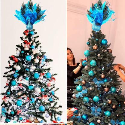 Retisee 15-Inch Christmas Peacock Tree Topper - Artificial Feather Glitter Blue Ornament for Indoor