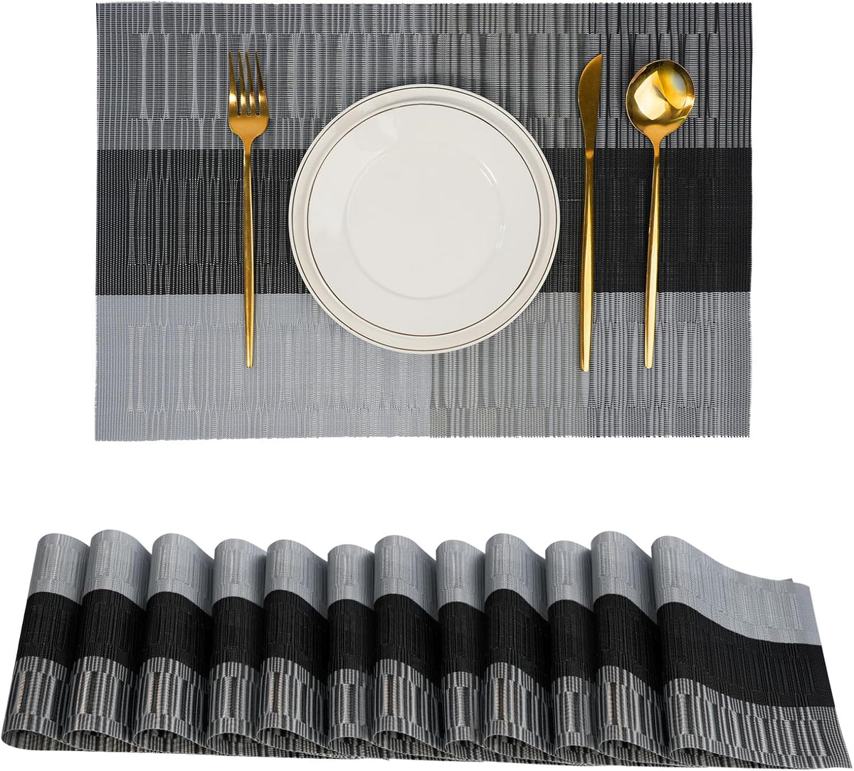 Placemats Set of 12，Non-Slip PVC Weave Table Mats Easy to Clean，Heat Resistant Place Mats for