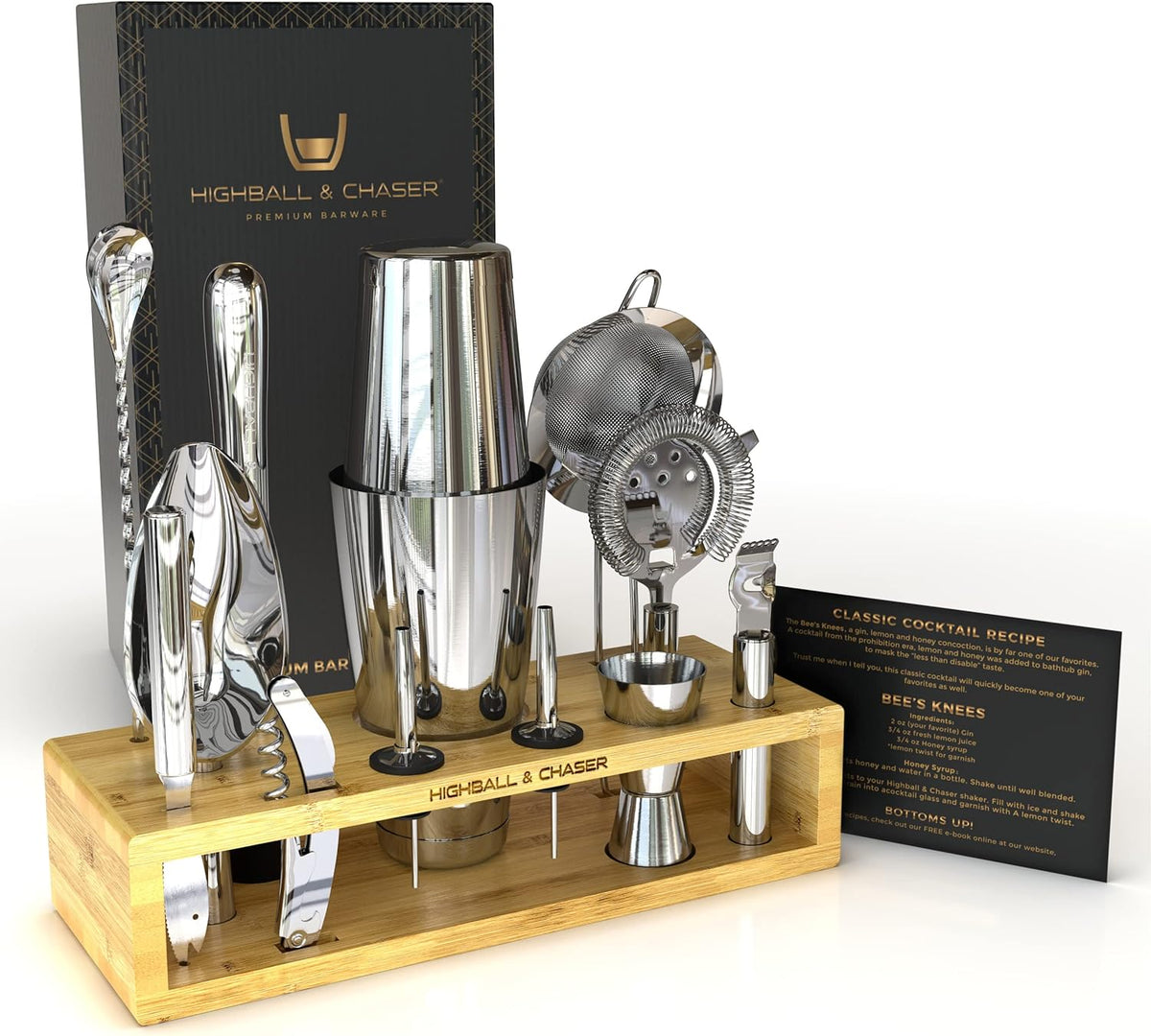 Highball & Chaser 13-Piece Boston Cocktail Shaker Set Stainless Steel Mixology Bartender Kit With