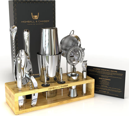 Highball & Chaser 13-Piece Boston Cocktail Shaker Set Stainless Steel Mixology Bartender Kit With