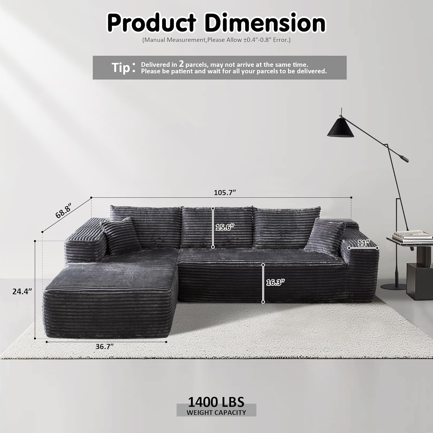 ovios 104" Cloud Sectional Couch with L-Shape Chaise,Modern Modular Sofa with Deep Seat