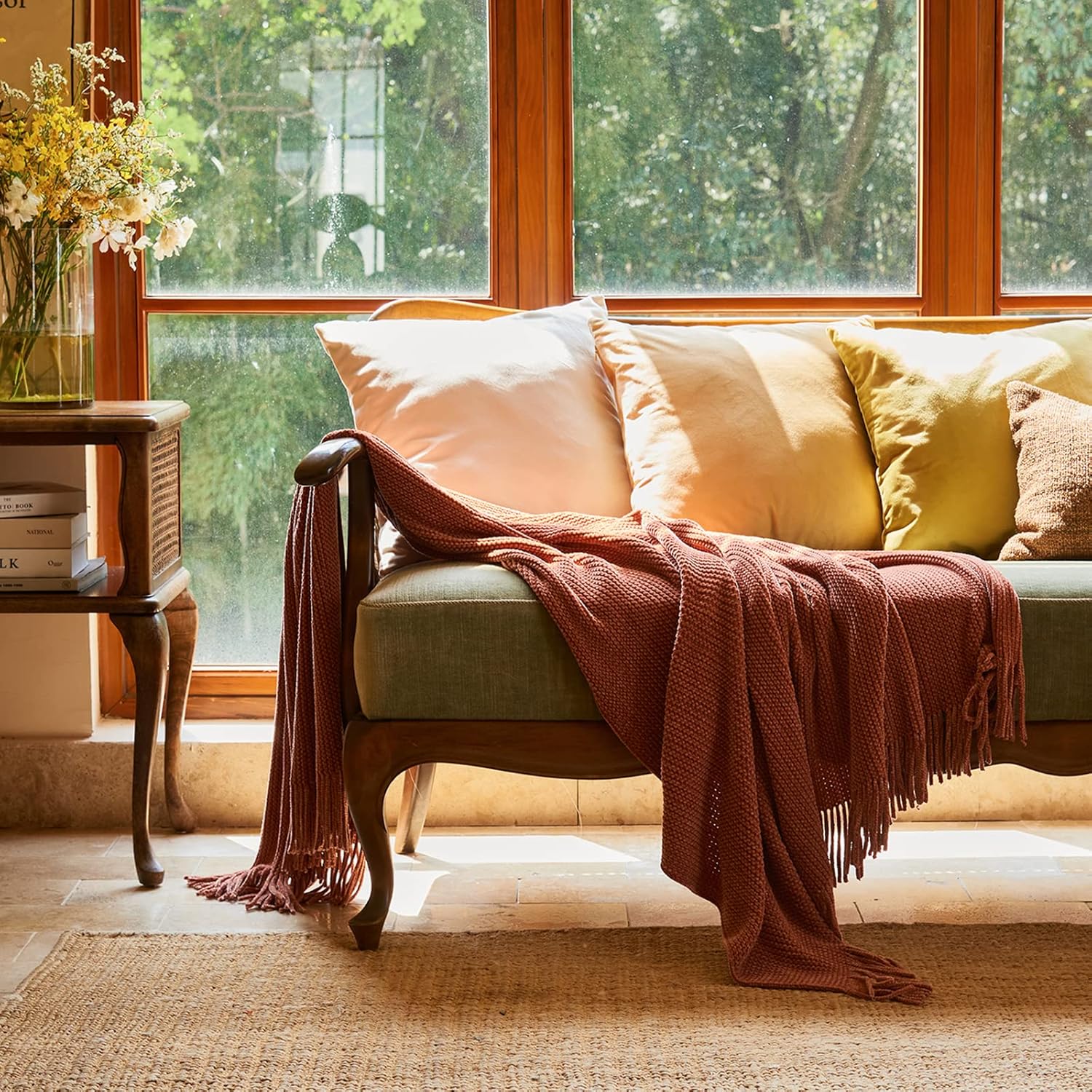 lifein Throw Blanket for Couch, Soft Boho Decor Bed Throw,Cozy Burnt Orange Chenille Knitted Small