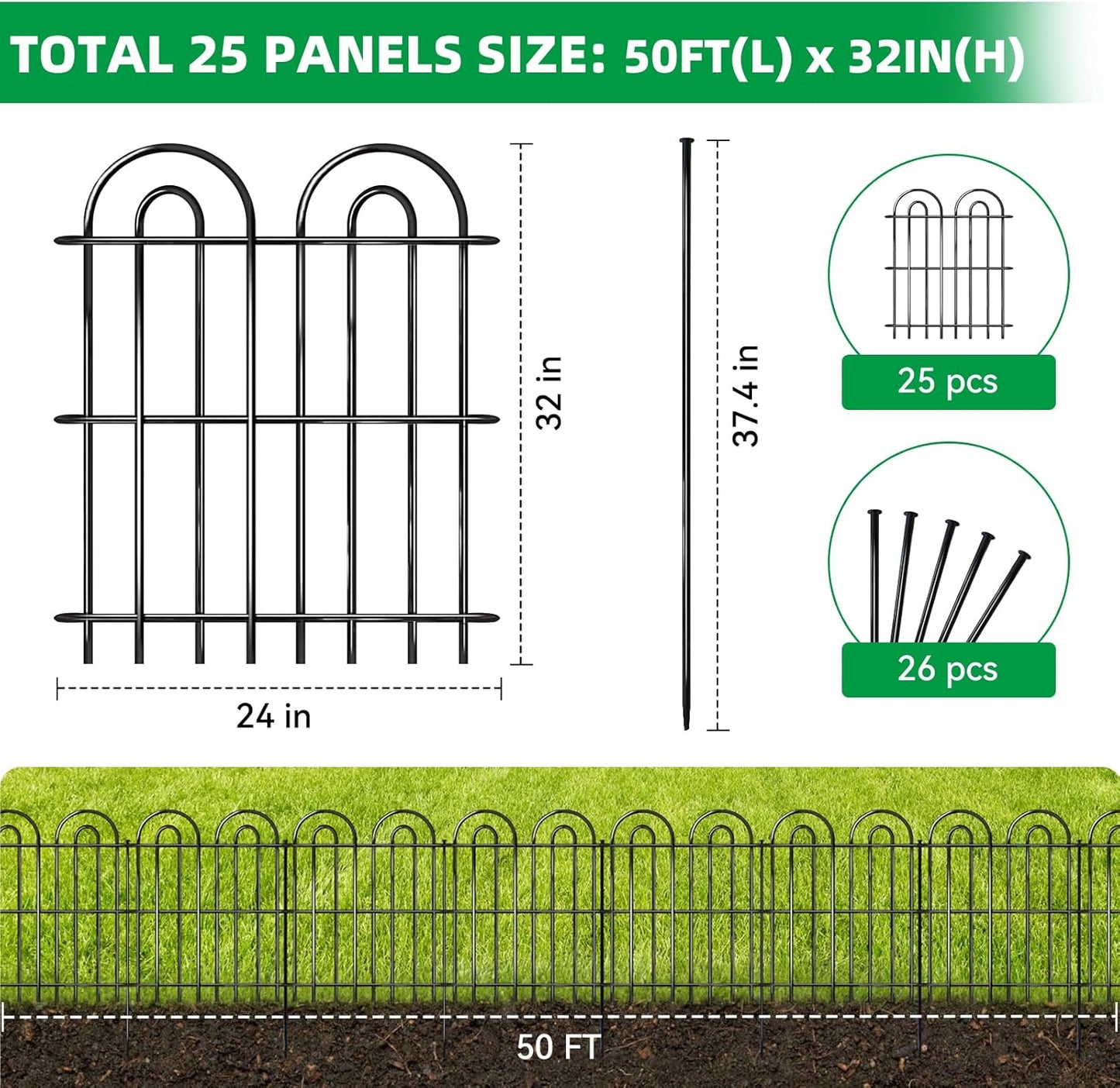 25 Panels Decorative Garden Fence, 32 in(H) X 50 ft(L) No Dig Dog Fence Outdoor for Yard, Rustproof