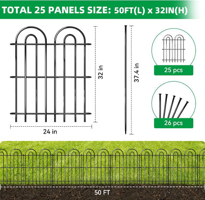 25 Panels Decorative Garden Fence, 32 in(H) X 50 ft(L) No Dig Dog Fence Outdoor for Yard, Rustproof