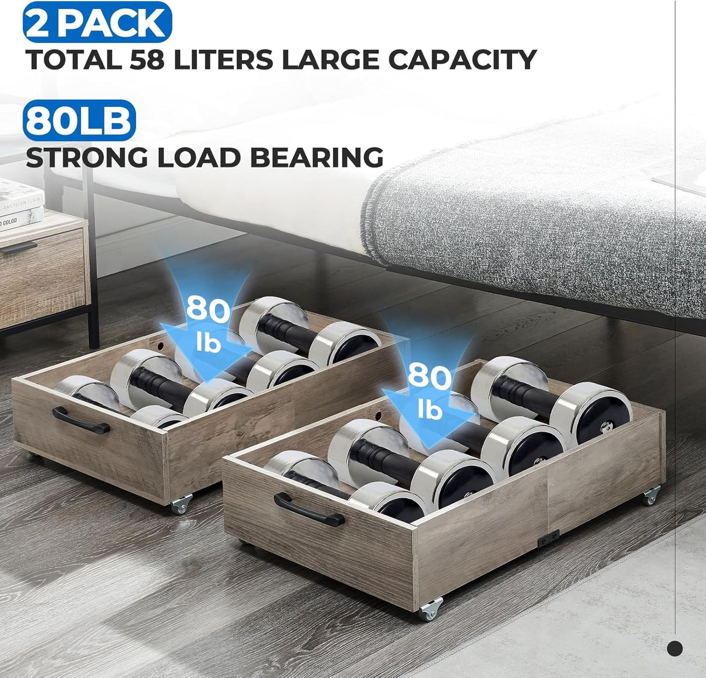 Under Bed Storage with Wheels, 2-Pack Under Bed Shoe Storage Organizer Drawer, Composite Wood