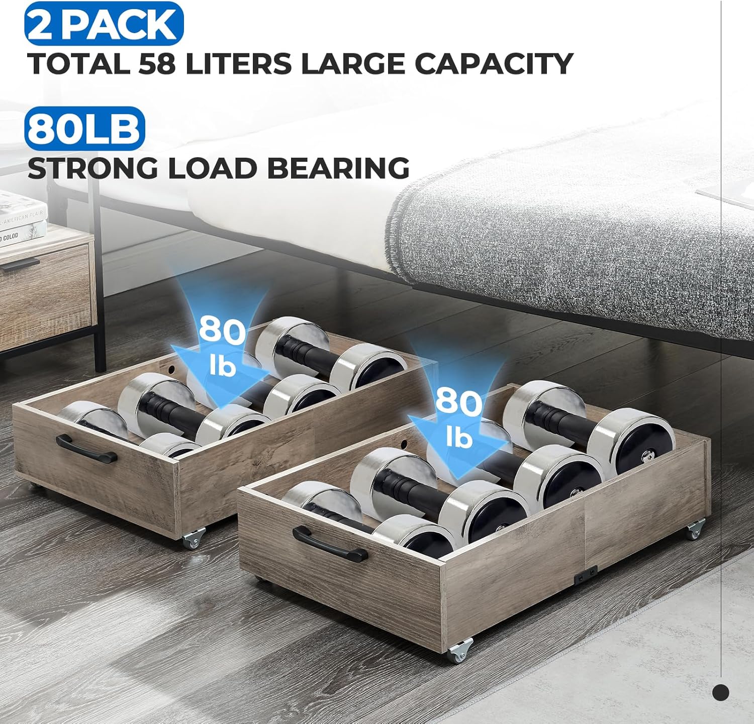 Under Bed Storage with Wheels, 2-Pack Under Bed Shoe Storage Organizer Drawer, Composite Wood