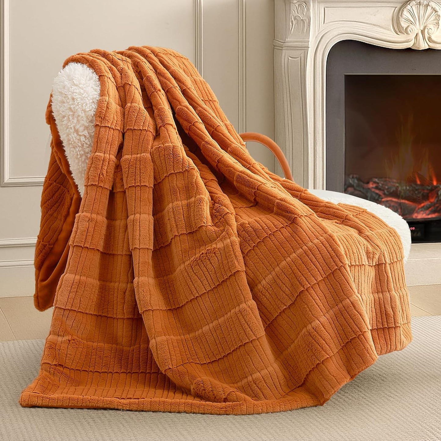 Amélie Home Luxury Striped Faux Fur Throw Blanket for Couch, Embossed Split Fur Cozy Fuzzy Fluffy