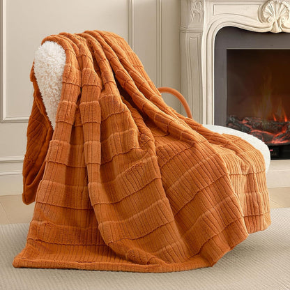 Amélie Home Luxury Striped Faux Fur Throw Blanket for Couch, Embossed Split Fur Cozy Fuzzy Fluffy
